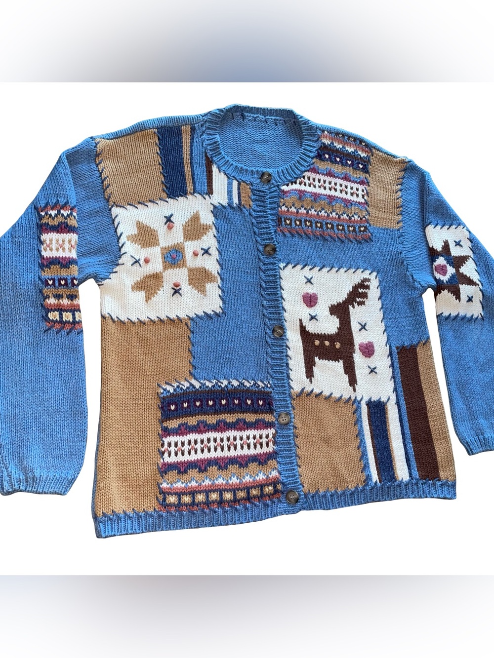 VTG Jantzen Handmade 3D Patchwork Knit Cardigan Nordic Tribal Fair Isle Sz L-XL